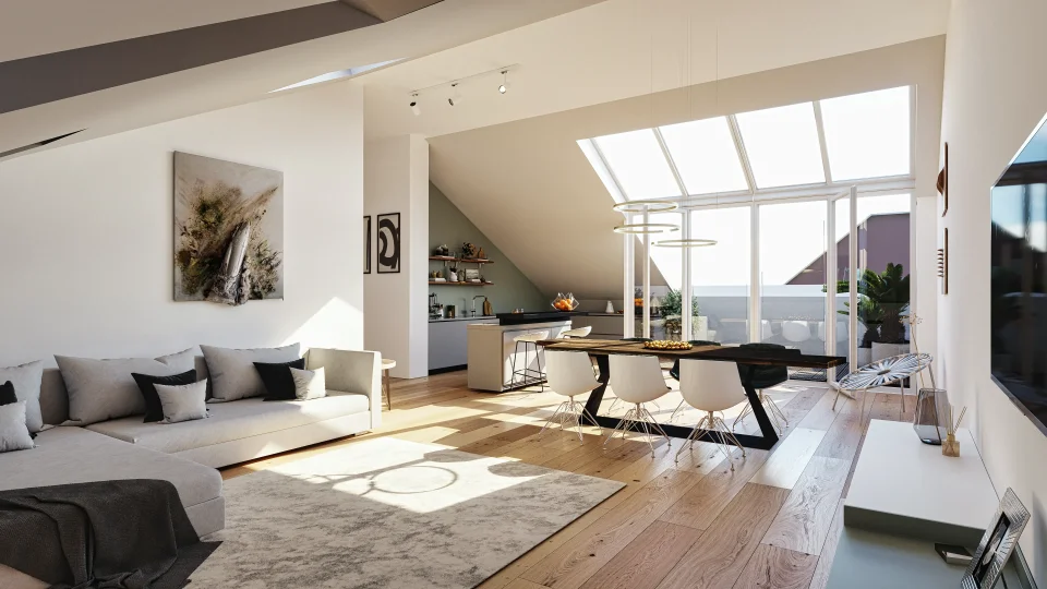 3dtunez Architekturvisualisierung: Architekturvisualisierung einer hellen Dachgeschosswohnung in München.