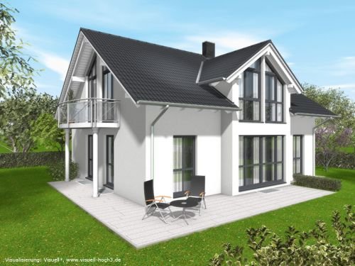 Visuell3 - Architekturvisualisierung: 3D-Rendering eines Einfamilienhauses.