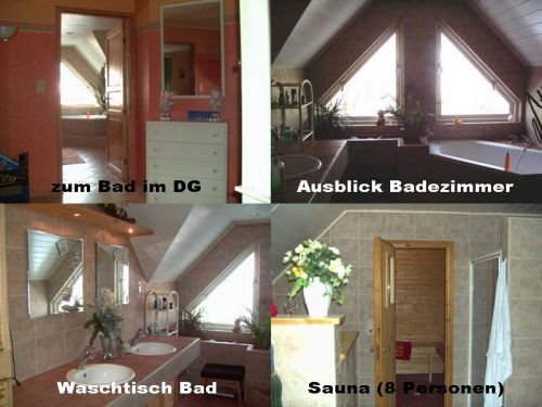 F-Consulting: Badanlage mit Doppelwaschitsch, Sauna und abgesetzter WC-Anlage. Ausführung in Steinzeug.