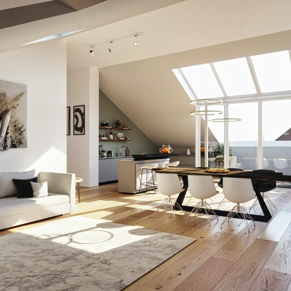 3dtunez Architekturvisualisierung: Architekturvisualisierung einer hellen Dachgeschos...