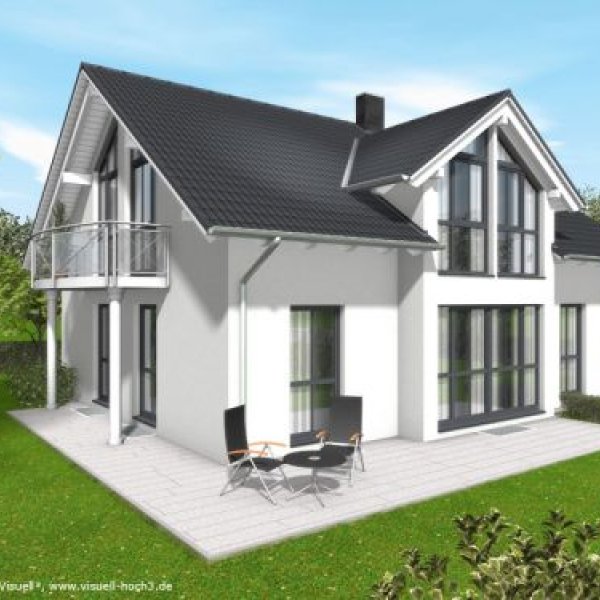 Visuell3 - Architekturvisualisierung: 3D-Rendering eines Einfamilienhauses.
